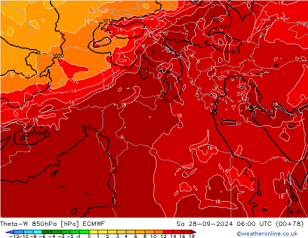 Theta-W 850hPa ECMWF Sa 28.09.2024 06 UTC