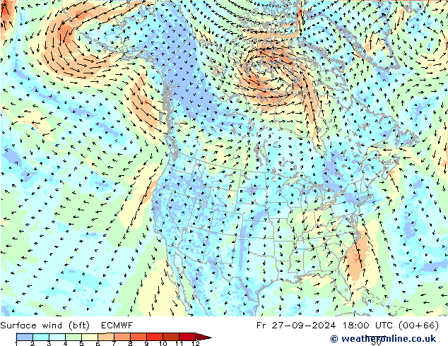 Surface wind (bft) ECMWF Fr 27.09.2024 18 UTC