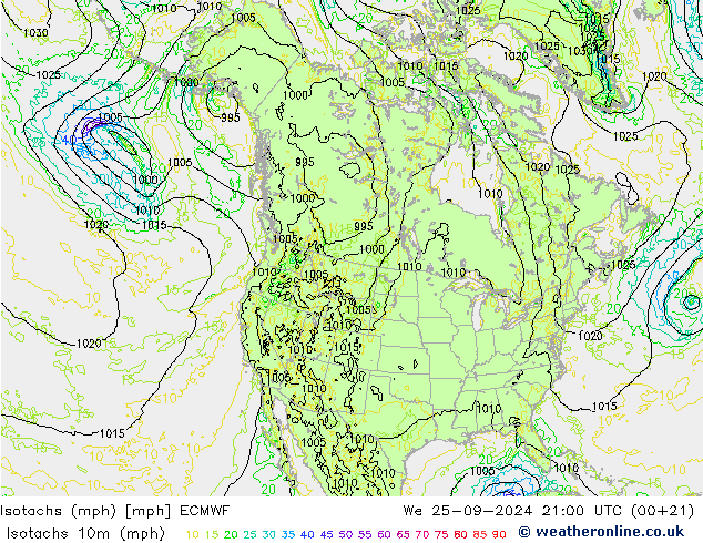 Eşrüzgar Hızları mph ECMWF Çar 25.09.2024 21 UTC