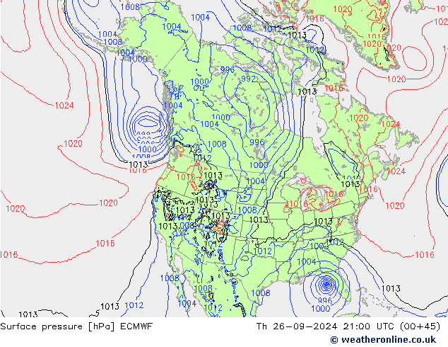 Surface pressure ECMWF Th 26.09.2024 21 UTC