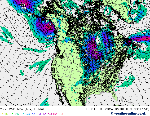 Wind 850 hPa ECMWF Tu 01.10.2024 06 UTC