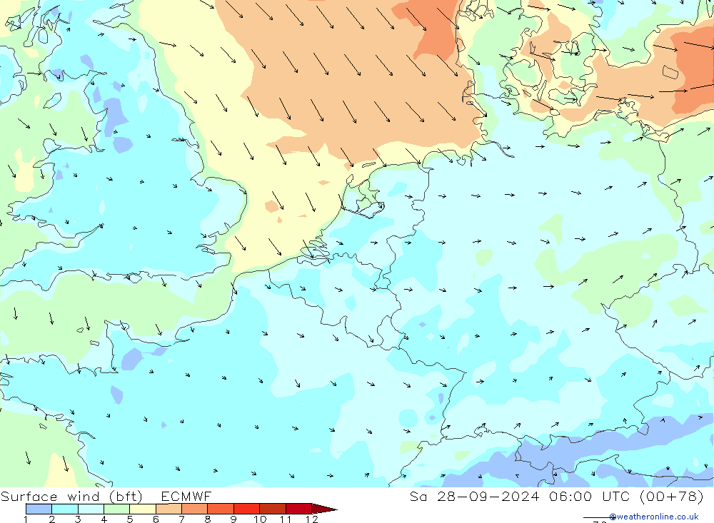 wiatr 10 m (bft) ECMWF so. 28.09.2024 06 UTC