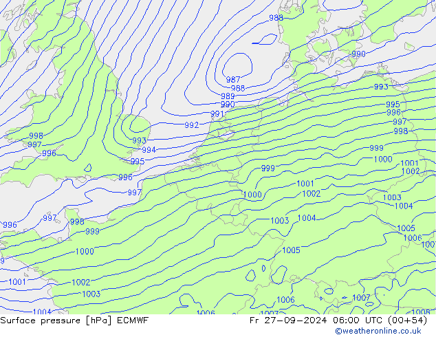 pressão do solo ECMWF Sex 27.09.2024 06 UTC