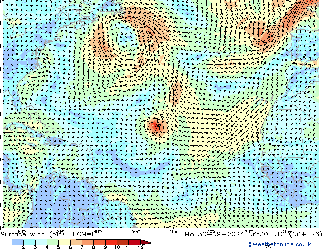 Vent 10 m (bft) ECMWF lun 30.09.2024 06 UTC