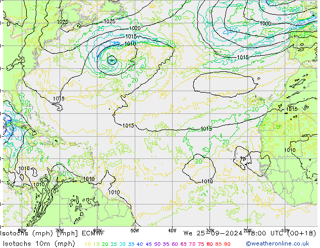 Isotachs (mph) ECMWF mer 25.09.2024 18 UTC