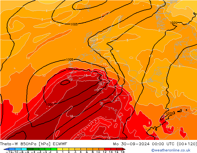 Theta-W 850hPa ECMWF pon. 30.09.2024 00 UTC