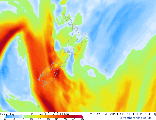 Deep layer shear (0-6km) ECMWF Mi 02.10.2024 00 UTC