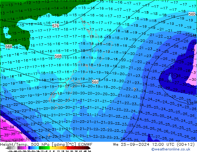 Z500/Rain (+SLP)/Z850 ECMWF Qua 25.09.2024 12 UTC