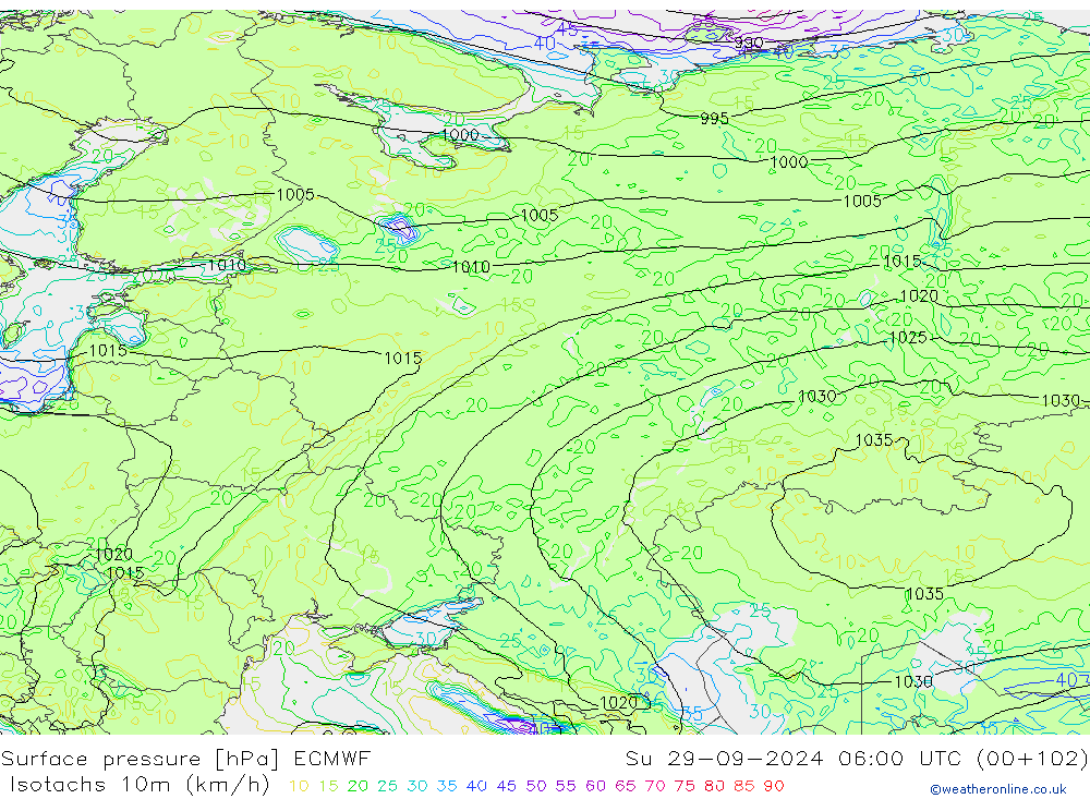 Isotachs (kph) ECMWF Su 29.09.2024 06 UTC