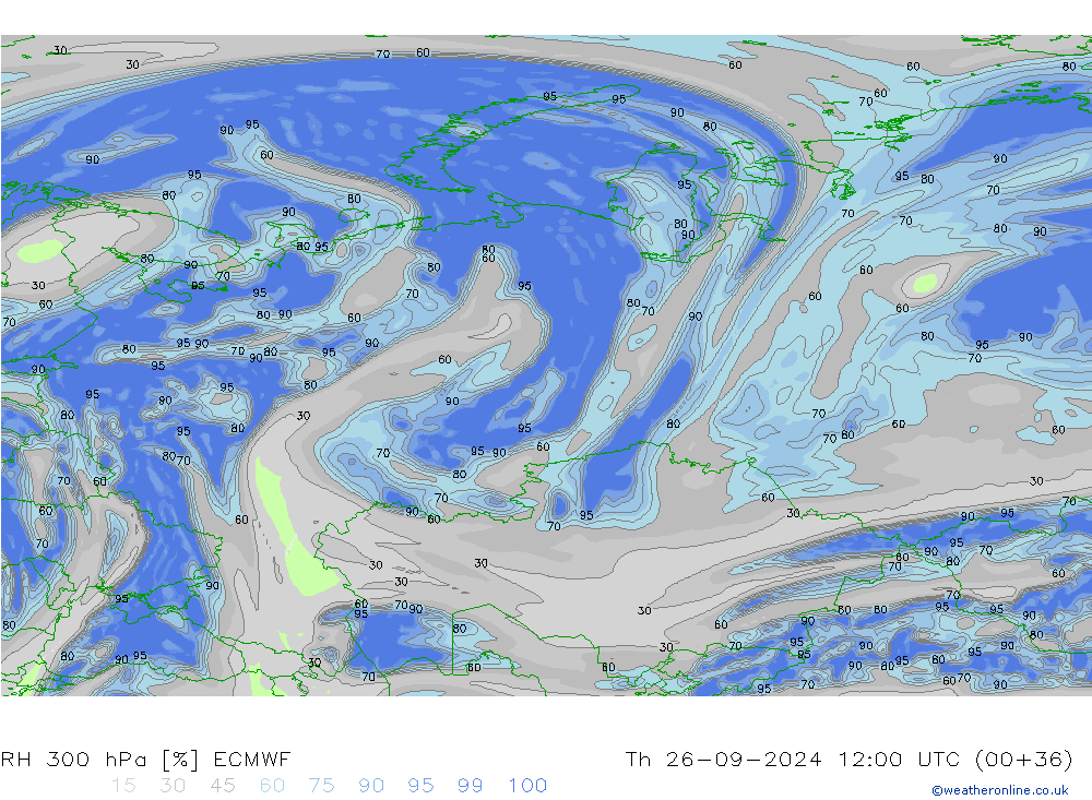 RH 300 hPa ECMWF czw. 26.09.2024 12 UTC