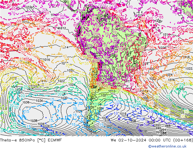 Theta-e 850hPa ECMWF St 02.10.2024 00 UTC