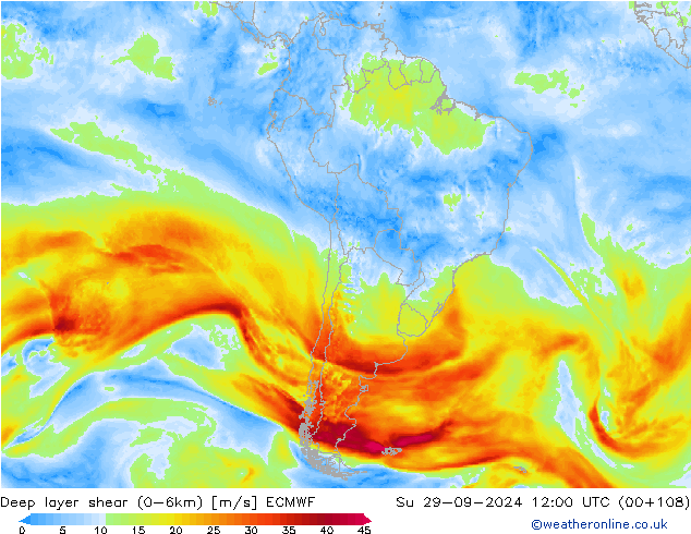 Deep layer shear (0-6km) ECMWF Su 29.09.2024 12 UTC