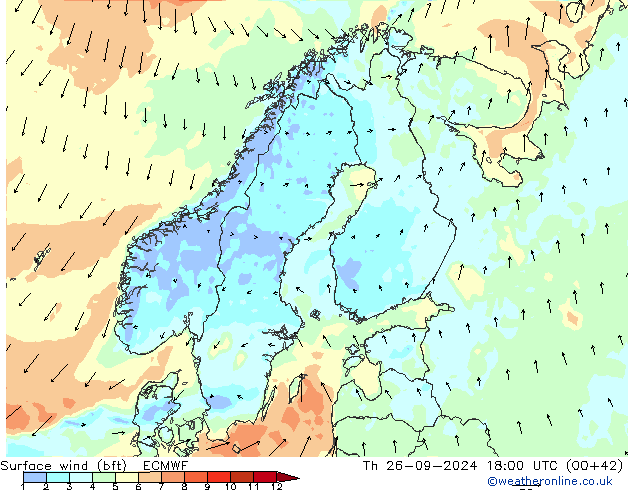 Surface wind (bft) ECMWF Th 26.09.2024 18 UTC