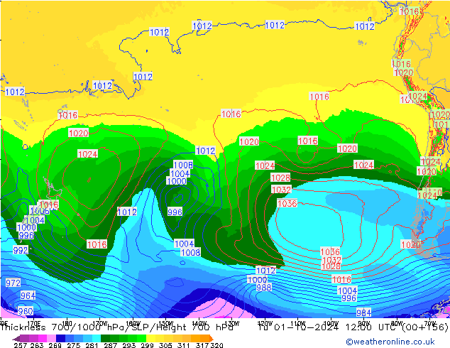 Dikte700-1000 hPa ECMWF di 01.10.2024 12 UTC