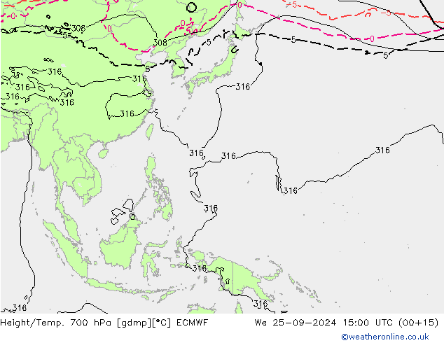 Height/Temp. 700 hPa ECMWF Mi 25.09.2024 15 UTC