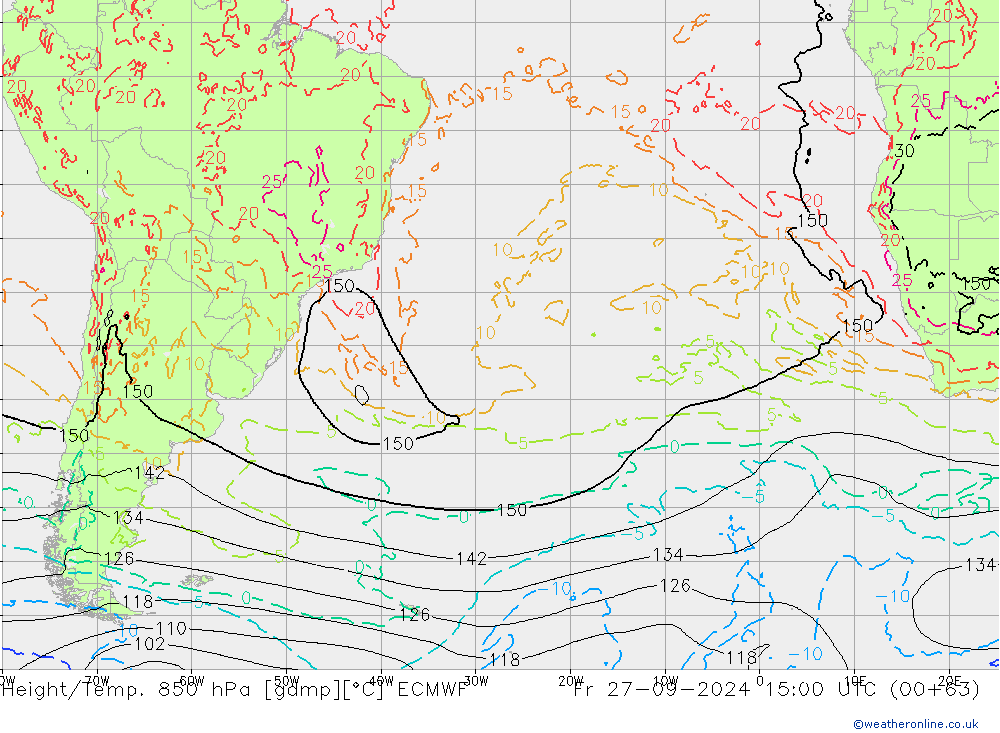 Geop./Temp. 850 hPa ECMWF vie 27.09.2024 15 UTC