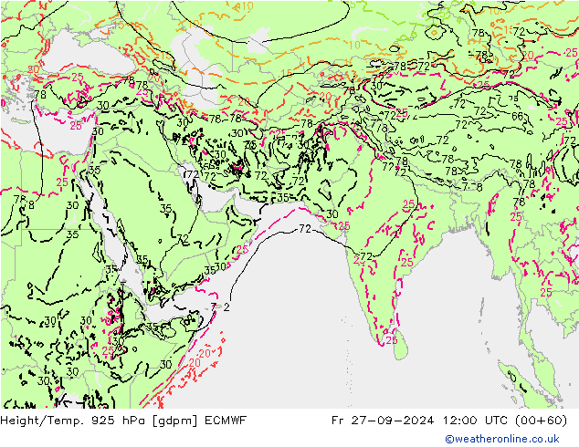 Height/Temp. 925 hPa ECMWF ven 27.09.2024 12 UTC