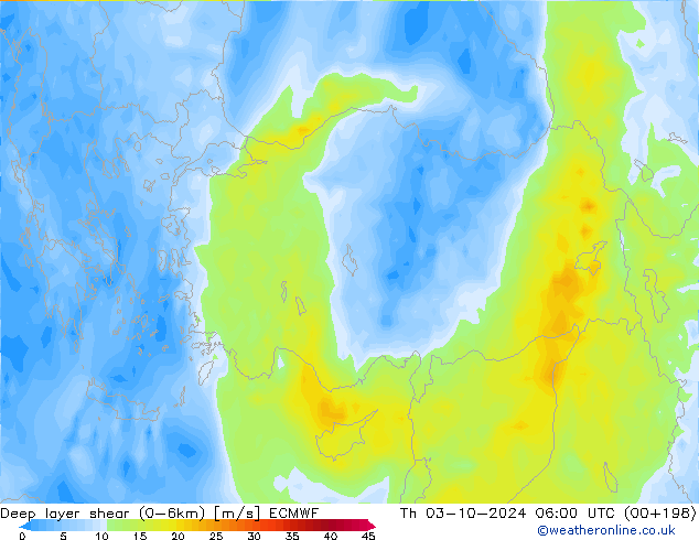 Deep layer shear (0-6km) ECMWF Th 03.10.2024 06 UTC