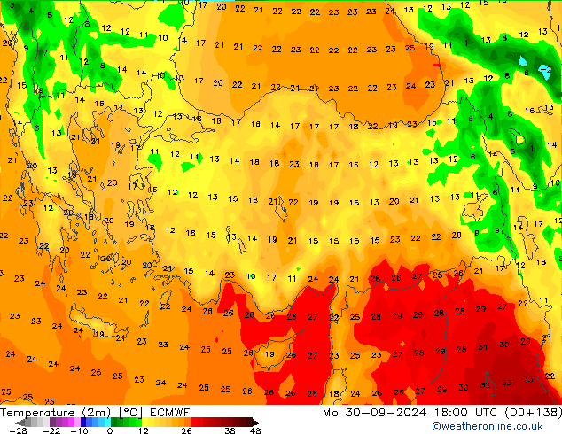 mapa temperatury (2m) ECMWF pon. 30.09.2024 18 UTC