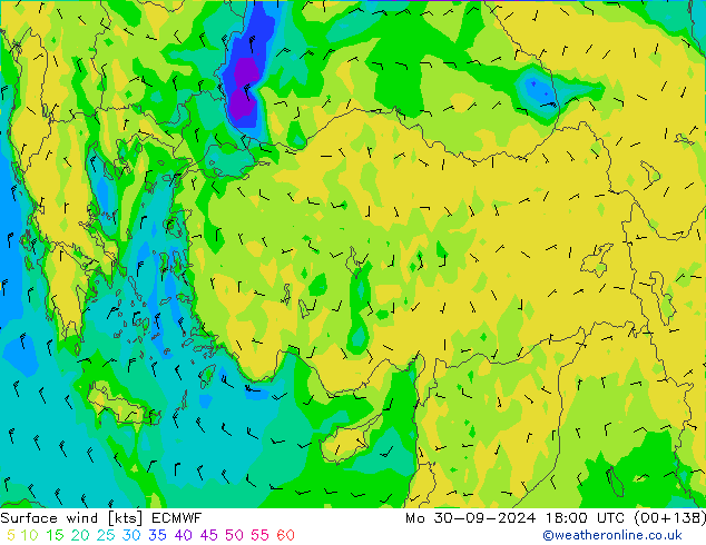 wiatr 10 m ECMWF pon. 30.09.2024 18 UTC