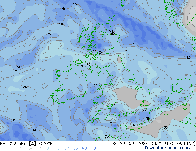 RH 850 hPa ECMWF So 29.09.2024 06 UTC