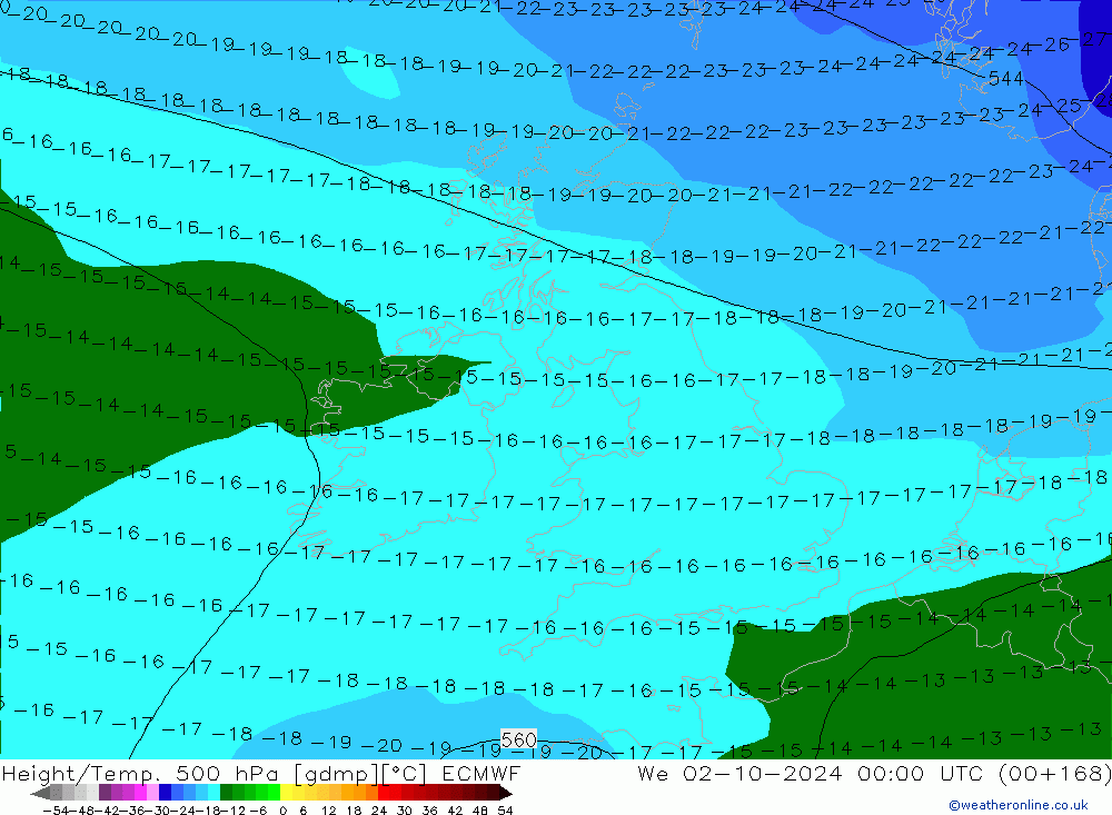 Height/Temp. 500 hPa ECMWF mer 02.10.2024 00 UTC