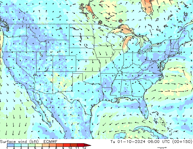 Vento 10 m (bft) ECMWF Ter 01.10.2024 06 UTC