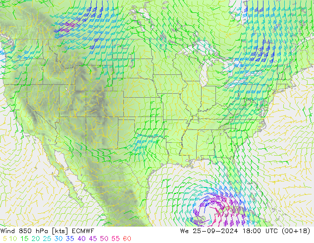 Vento 850 hPa ECMWF Qua 25.09.2024 18 UTC