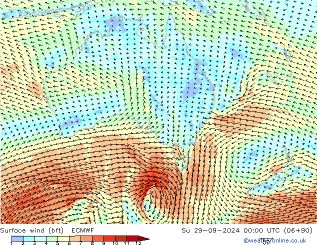  10 m (bft) ECMWF  29.09.2024 00 UTC