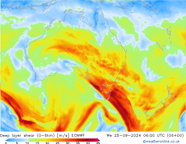 Deep layer shear (0-6km) ECMWF Çar 25.09.2024 06 UTC