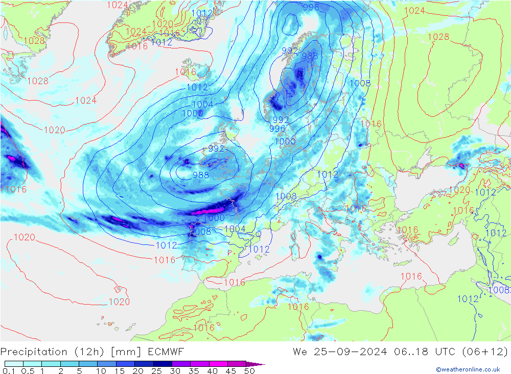 Precipitation (12h) ECMWF We 25.09.2024 18 UTC