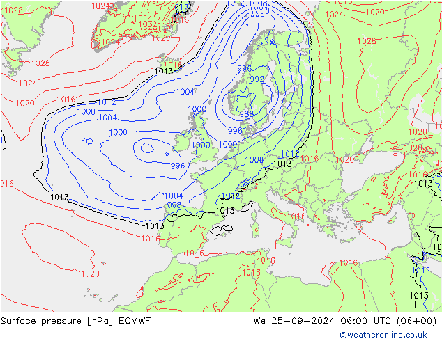 Pressione al suolo ECMWF mer 25.09.2024 06 UTC