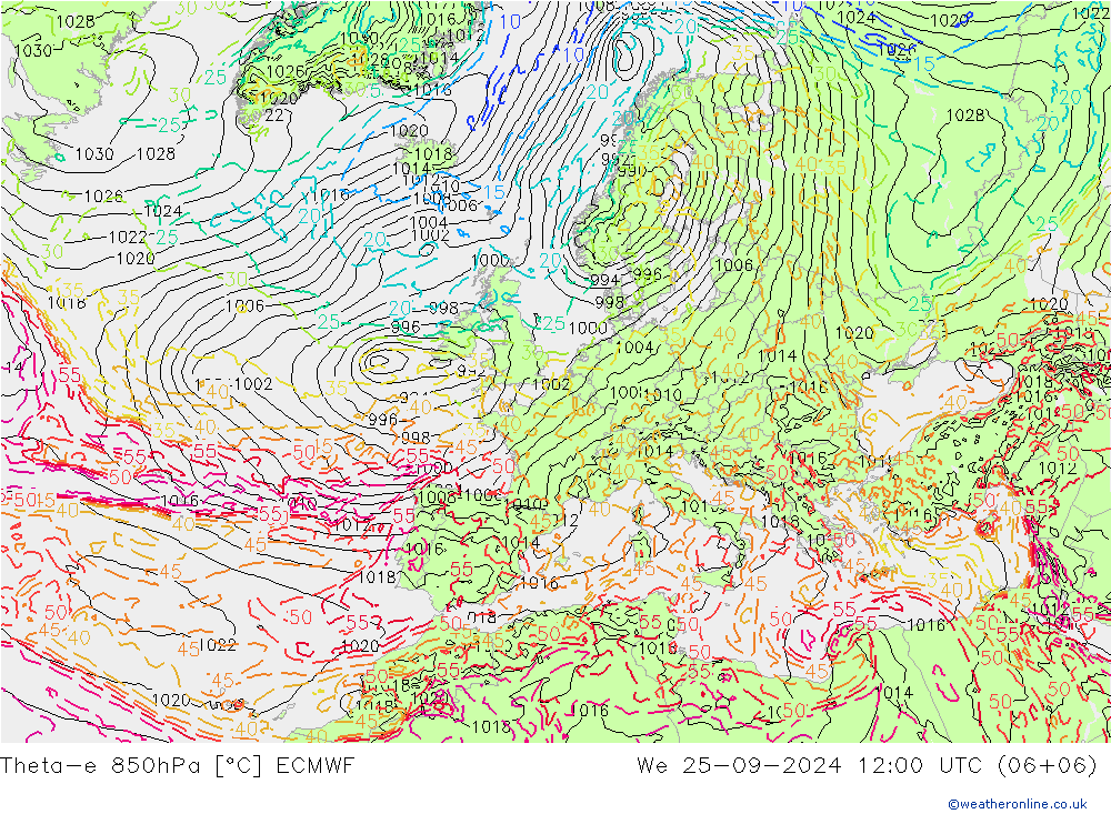 Theta-e 850hPa ECMWF wo 25.09.2024 12 UTC