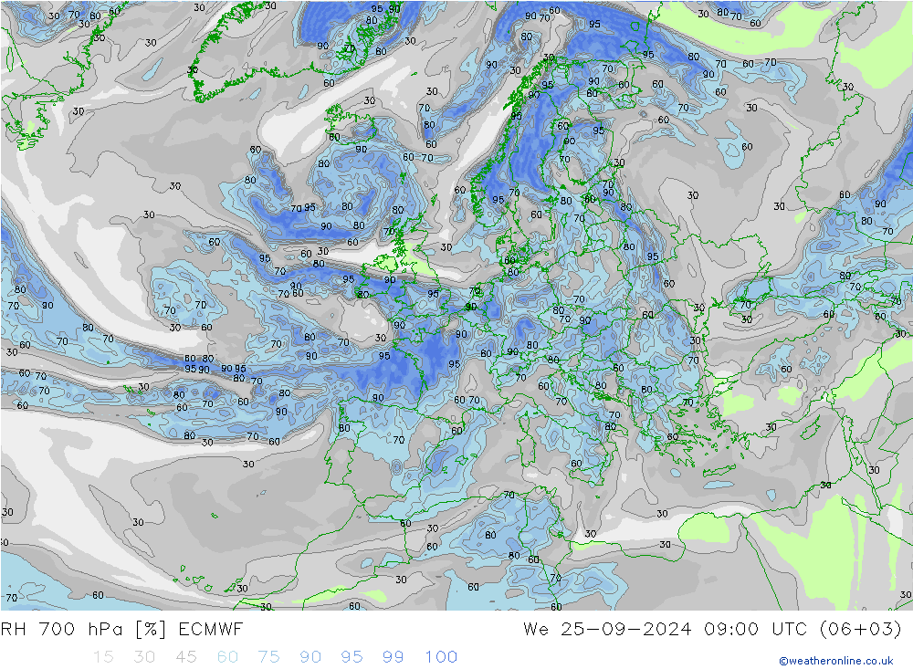 RH 700 гПа ECMWF ср 25.09.2024 09 UTC