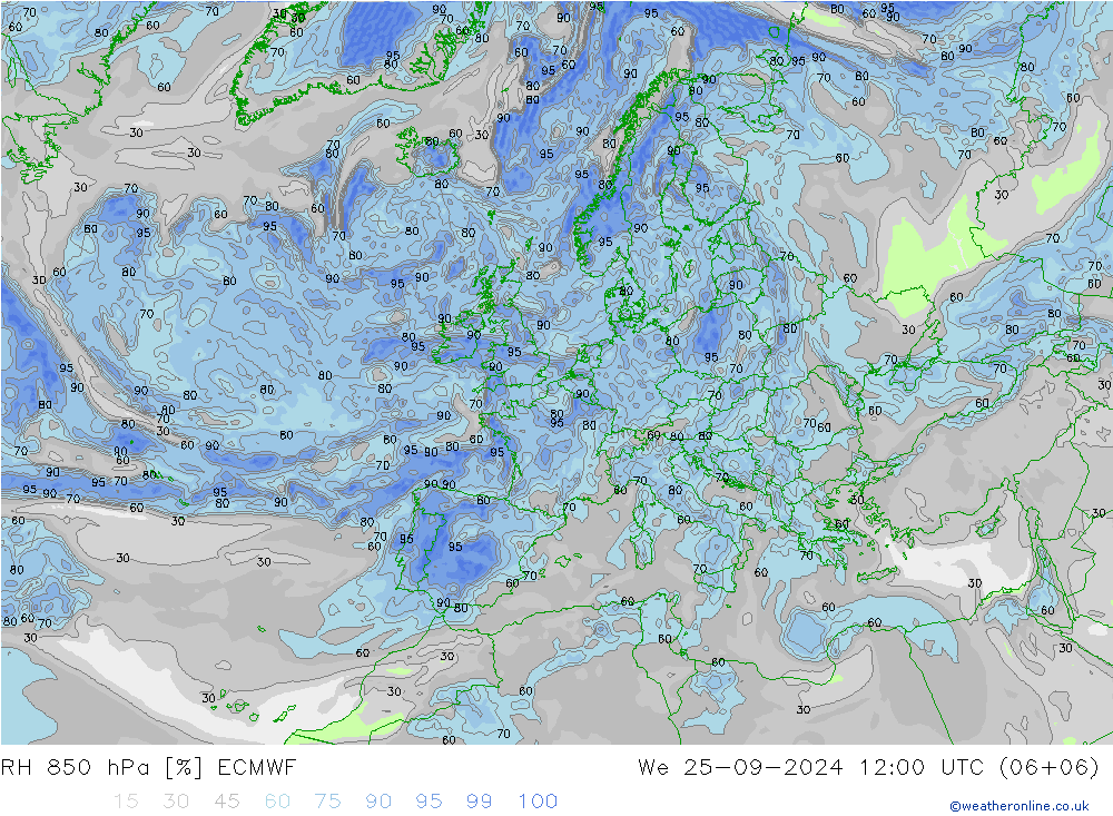 RH 850 hPa ECMWF Qua 25.09.2024 12 UTC