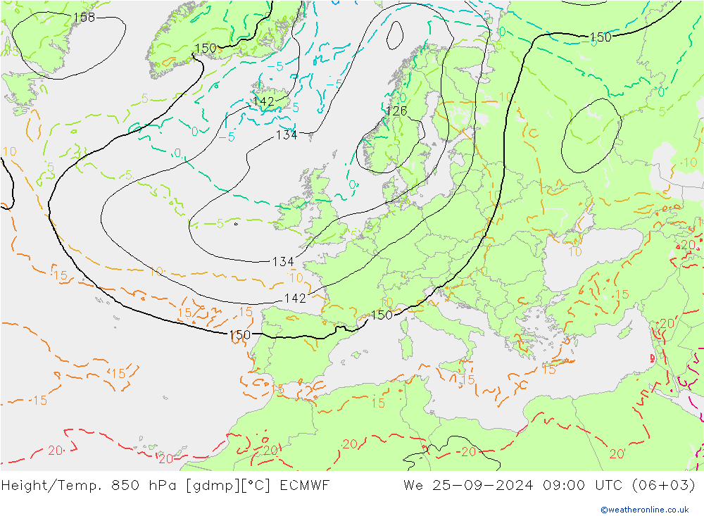 Height/Temp. 850 hPa ECMWF We 25.09.2024 09 UTC