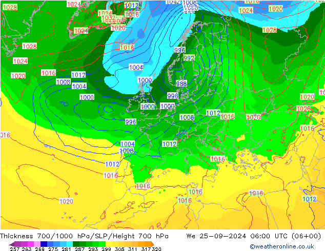 Dikte700-1000 hPa ECMWF wo 25.09.2024 06 UTC