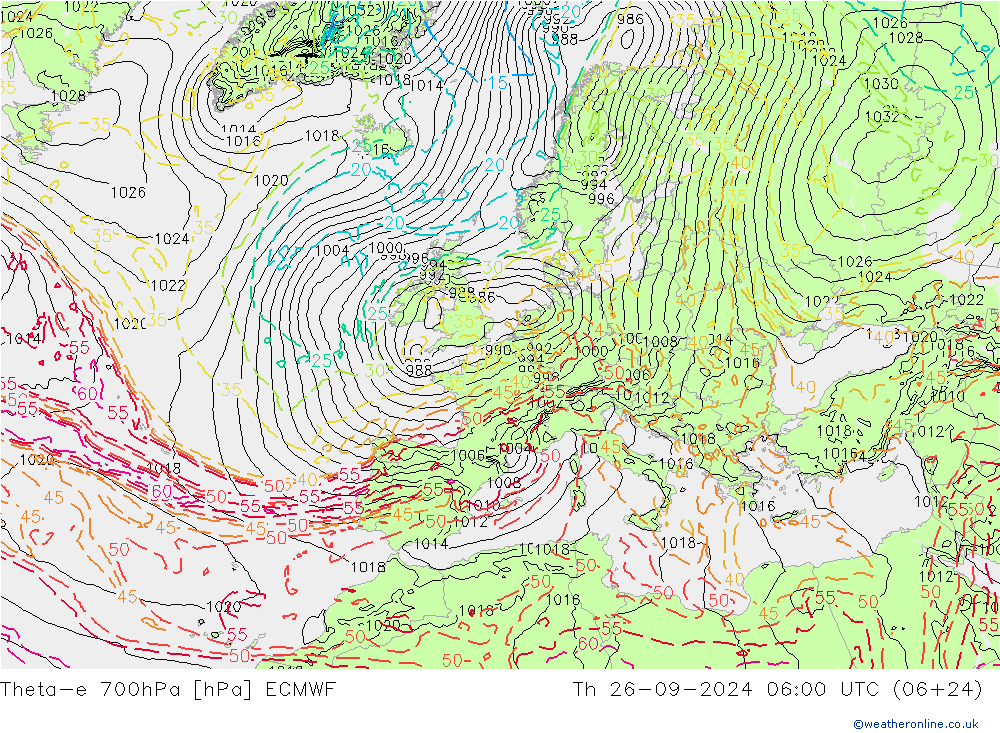 Theta-e 700hPa ECMWF Do 26.09.2024 06 UTC