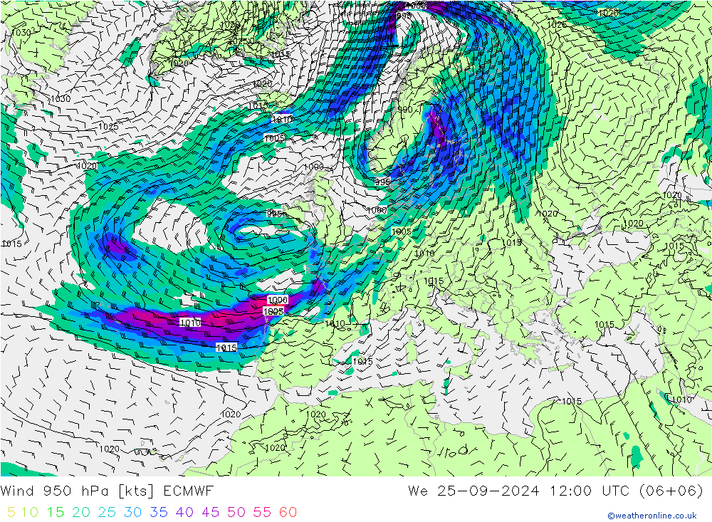 Vento 950 hPa ECMWF mer 25.09.2024 12 UTC