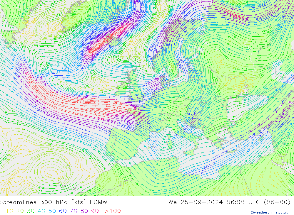 Streamlines 300 hPa ECMWF We 25.09.2024 06 UTC