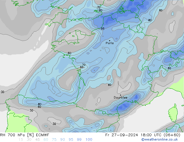 RH 700 hPa ECMWF Fr 27.09.2024 18 UTC