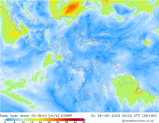 Deep layer shear (0-6km) ECMWF dom 29.09.2024 00 UTC