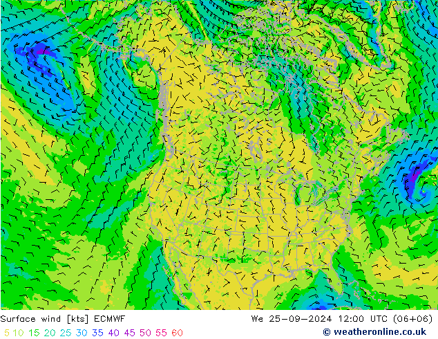 Vento 10 m ECMWF mer 25.09.2024 12 UTC