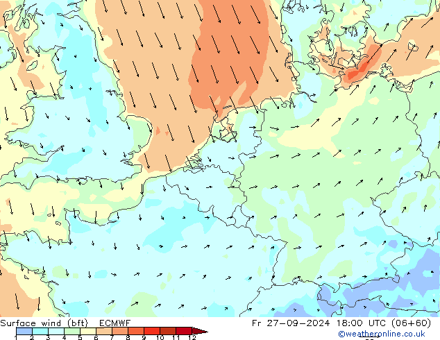 Surface wind (bft) ECMWF Fr 27.09.2024 18 UTC