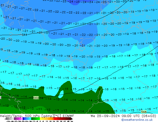 Height/Temp. 500 hPa ECMWF śro. 25.09.2024 09 UTC