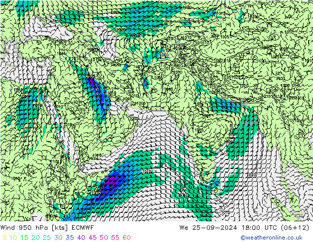 wiatr 950 hPa ECMWF śro. 25.09.2024 18 UTC