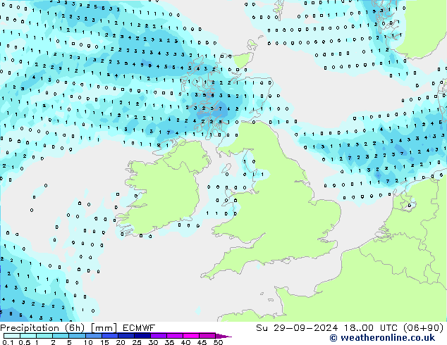 Precipitation (6h) ECMWF Su 29.09.2024 00 UTC