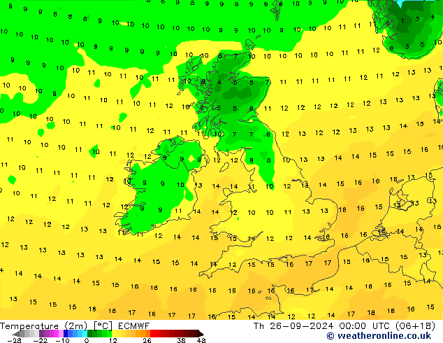 Temperatura (2m) ECMWF jue 26.09.2024 00 UTC