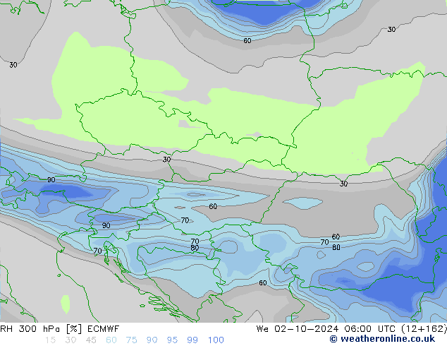 Humidité rel. 300 hPa ECMWF mer 02.10.2024 06 UTC