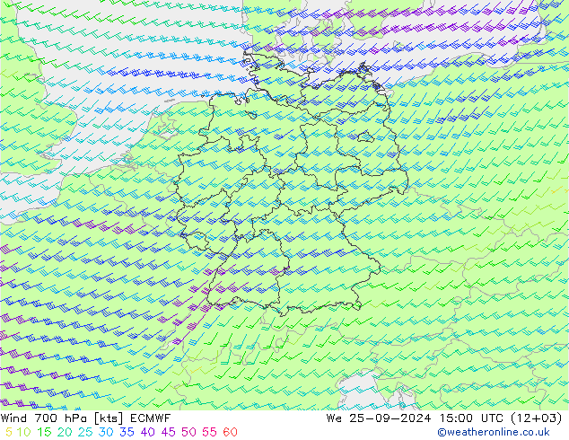 Wind 700 hPa ECMWF We 25.09.2024 15 UTC